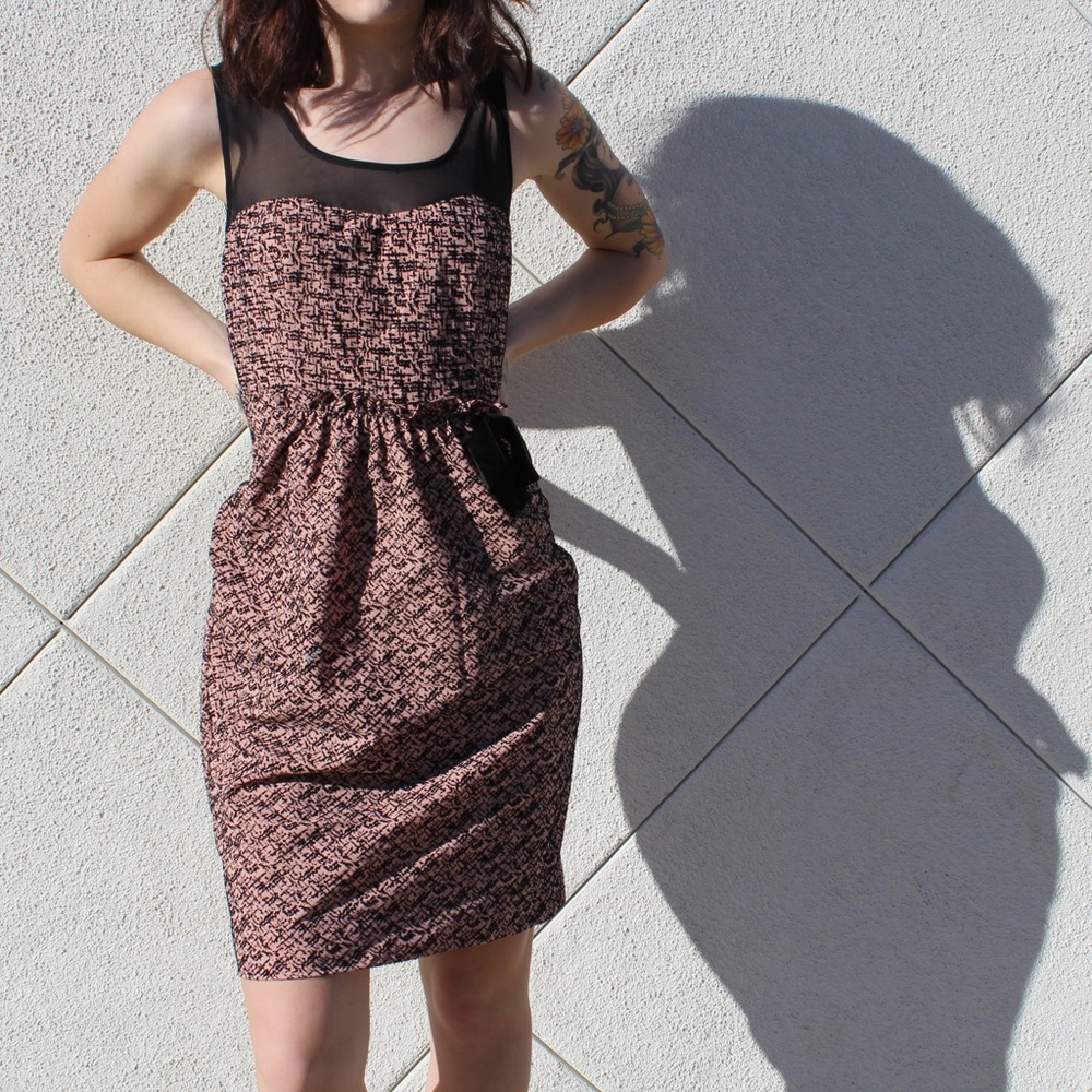 Anthropologie Black + Pink Sheer Midi Formal Dress